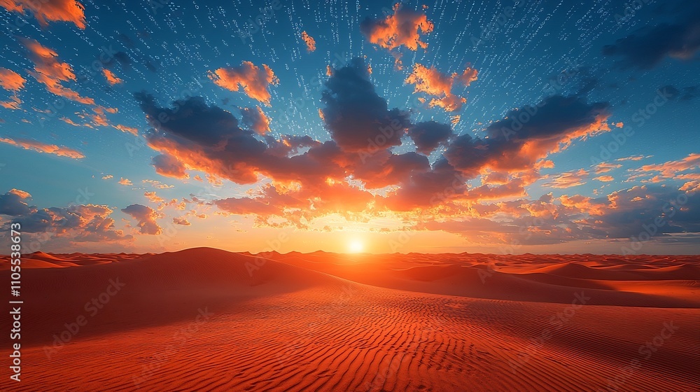 Poster surreal desert landscape with floating data clouds and technological fusion