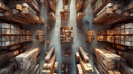 Fototapeta premium Aerial view of a modern warehouse filled with stacked boxes, showcasing organized shelving and efficient storage systems.