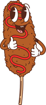 Cartoon groovy fast food corndog cute character. Fast food menu meal 60s 70s groovy mascot, funny retro cartoon isolated vector personage, takeaway cafe corndog or street snack cheerful character