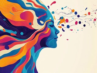 vibrant abstract illustration of woman profile with flowing colorful hair and dynamic shapes, conveying creativity and imagination