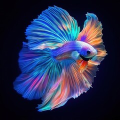 vibrant Thai betta fish flares its colorful fins against dark background, showcasing stunning display of iridescent blues, purples, and oranges. dynamic movement captures elegance and beauty of this