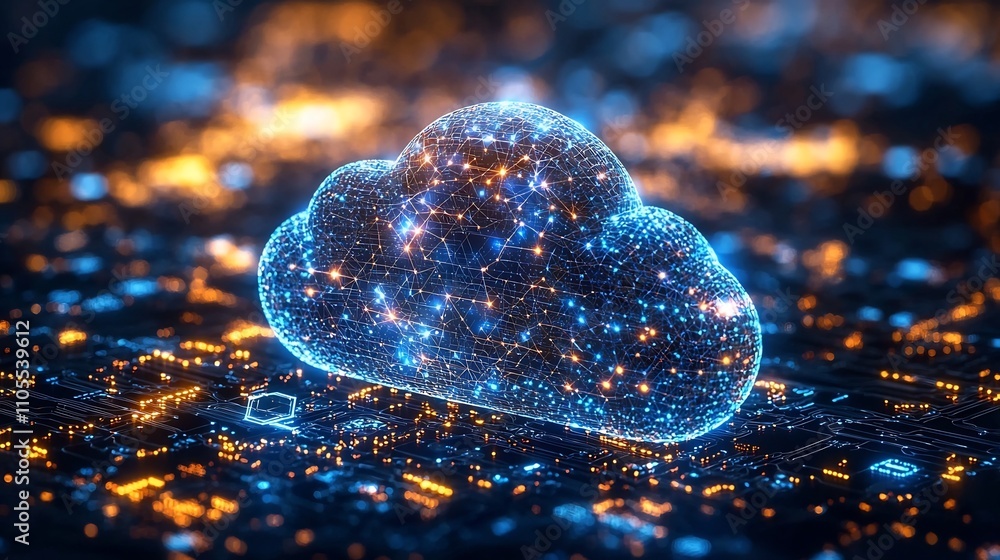Poster blockchain powered cloud computing concept with interconnected digital blocks in cloud environment