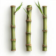 Obraz premium Three fresh bamboo shoots with green leaves are isolated on white background, showcasing their natural texture and vibrant color