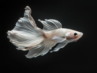 Graceful white Betta fish with flowing fins swimming elegantly against dark background