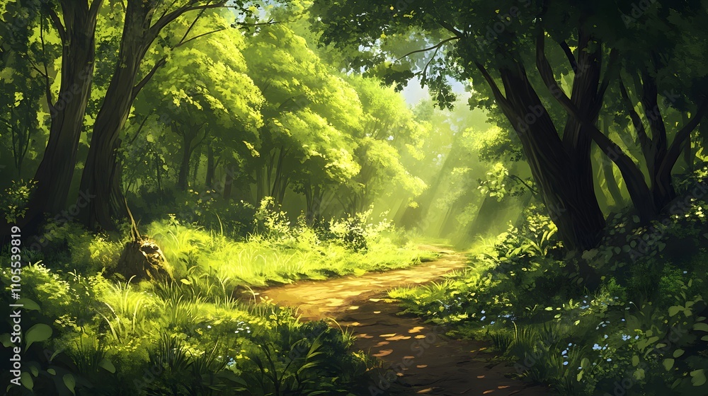 Poster 25. a lush green forest with a path leading into the trees, leaving a central open area for text