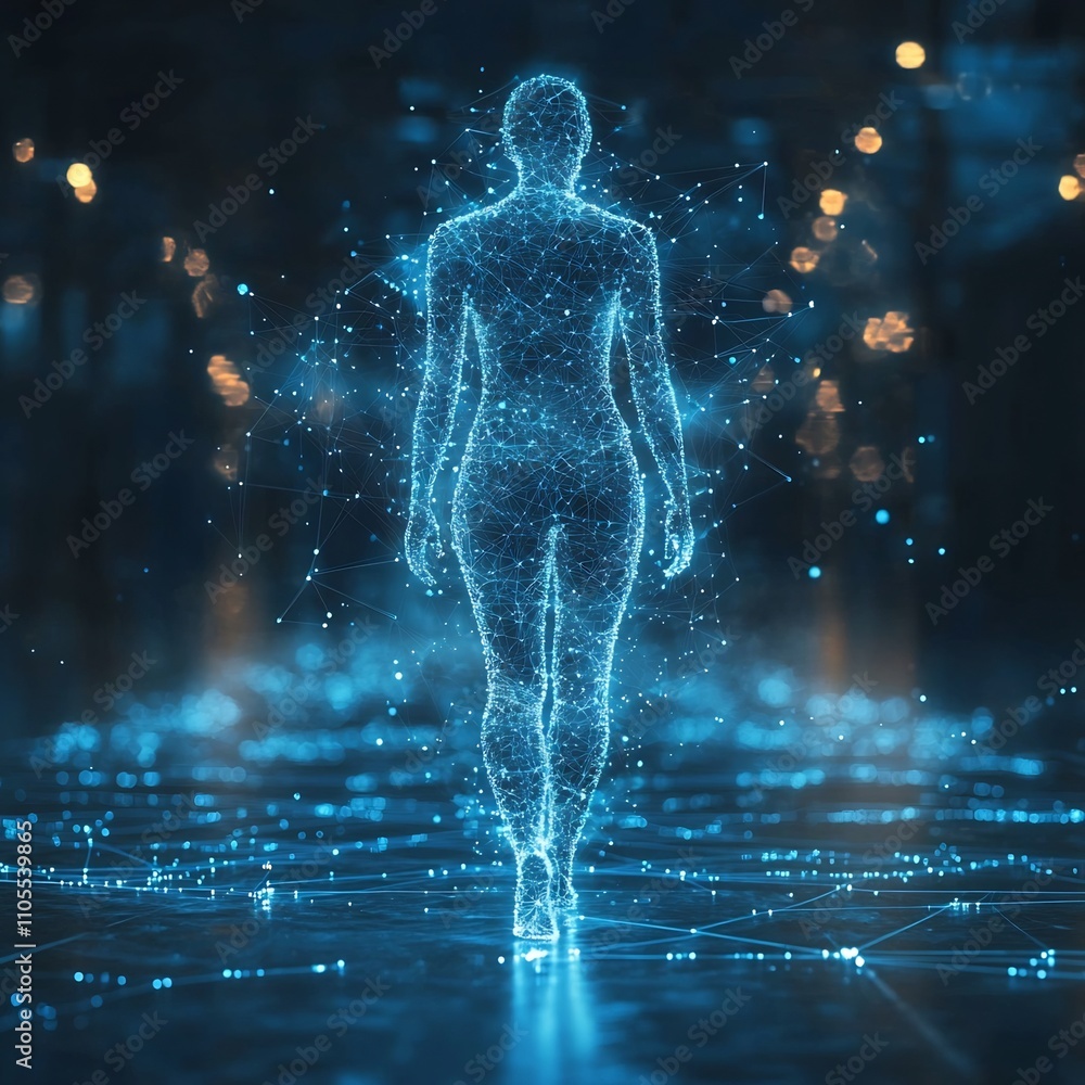 Poster transparent human form flowing through a cloud of data streams symbolizing data and cloud computing