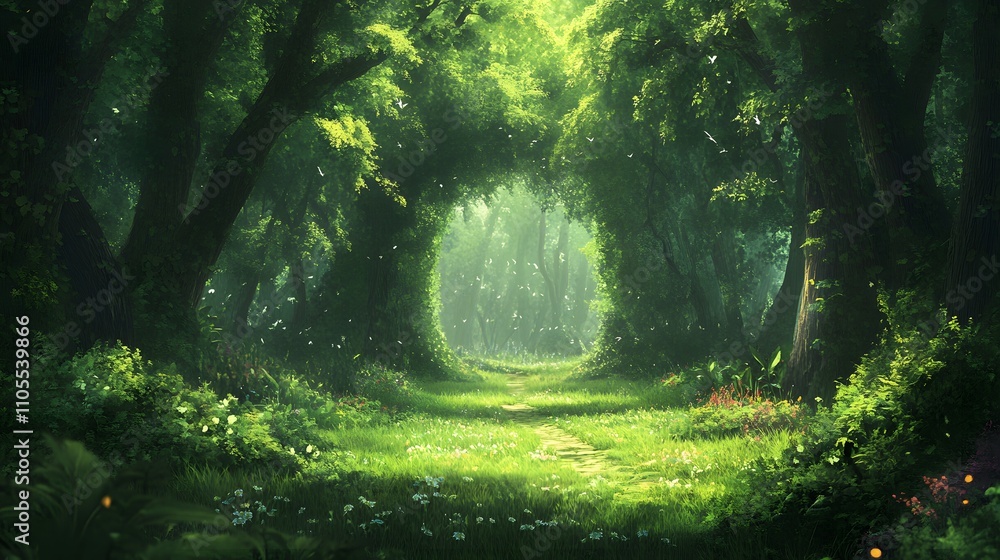 Poster 25. a lush green forest with a path leading into the trees, leaving a central open area for text