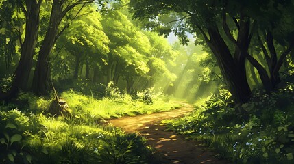 Naklejka premium 25. A lush green forest with a path leading into the trees, leaving a central open area for text