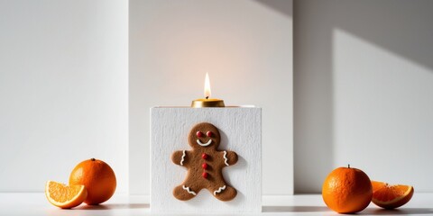 Festive gingerbread card with candle and oranges for holiday decor.