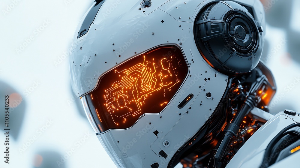 Poster close-up of a futuristic robot's head, showcasing glowing internal circuitry.