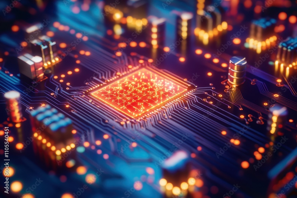 Poster circuit board with glowing components showcasing intricate design and technology details