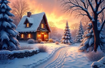 Snowy winter scene shows cozy log cabin with warm light inside. Trees covered in snow create peaceful atmosphere. Path through snow leads to house. Soft golden light suggests winter evening. Perfect