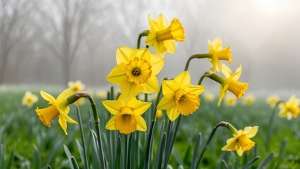Obraz premium Bright yellow daffodils in lush spring field.