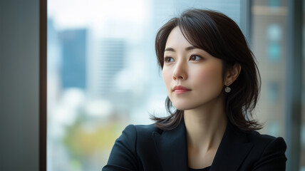 Naklejka premium 窓の外を見つめる日本人ビジネスウーマン