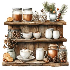 Obraz premium Watercolor illustration of a rustic wooden shelf with coffee, mugs, jars of nuts and marshmallows, oranges, and pine branches.