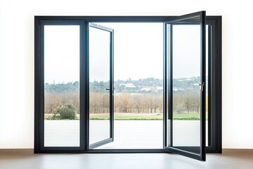 Wall with metal doors in black, the doors are glazed and allow a view of the landscape.