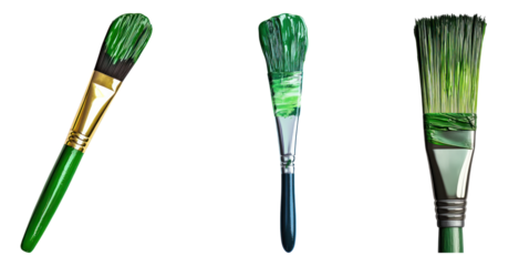 Paint brush with green paint isolated on transparent background, Set of