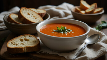 A cozy winter scene with a steaming bowl of homemade tomato soup and crusty bread.