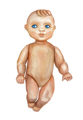 Baby doll watercolor illustration, doll without clothes, detailes illustration of an old doll with blue eyes, antique toy