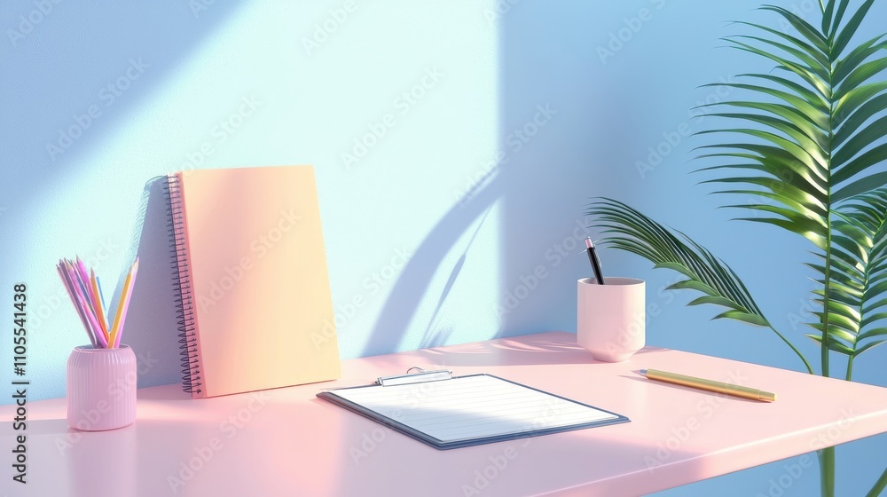 Fototapete a simple office desk setup in a 3d rendering with a single object a planner on a pastel background, 
