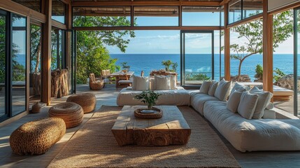 Fototapeta premium Coastal interior design of modern spacious living room. Wooden rustic furniture and panoramic windows in villa on seaside.