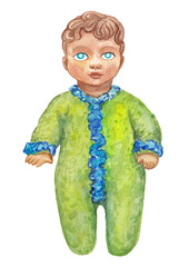 Detailed watercolor illustration of a baby doll, olden times toy, old baby doll