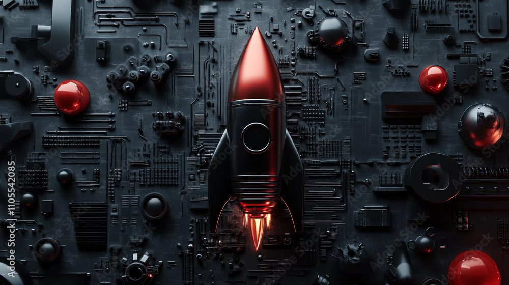 Poster rocket design on a futuristic circuit board with red accents in a dark setting