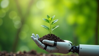 A robotic hand gently holds a small seedling, representing the harmonious blend of technology and nature. The vibrant green background highlights themes of innovation and sustainability.

