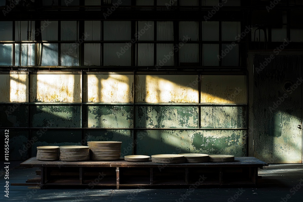 Poster stacks of plates in an old factory building