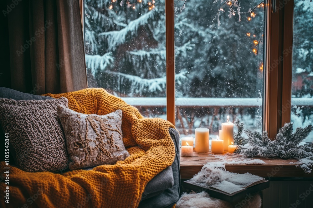 Canvas Prints Cozy Winter Window Seat With Candles and Knitted Throw