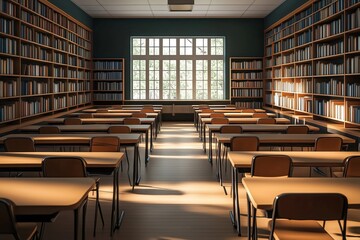 Obraz premium Empty classroom with many desks, bookshelves. Sunlight streams in through large window. Study space ready for students. Education concept for schools, colleges. Ideal for educational material.