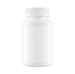 Plastic packer pill bottle mockup with child resistant cap and label for treats, vitamins, supplements isolated on white background. Vector illustration. ready for your design. EPS10.
