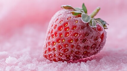freeze dried strawberry rests on soft pink background, showcasing its vibrant red color and frosty texture. image captures freshness and detail of fruit