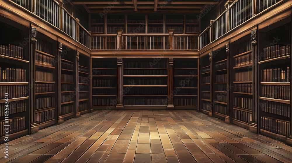 Poster 29. a spacious library with large empty shelves and a clear space in the middle for text