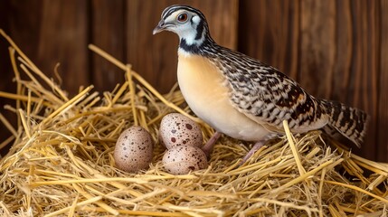 Female rain quail standing guard over her nest and eggs
