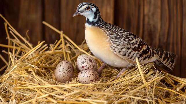 Female rain quail standing guard over her nest and eggs
