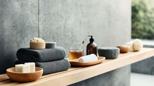 Spa setting with towels, soap bars, bath items on a wooden shelf against gray wall, promoting relaxation and self-care routine in a serene environment.