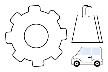 Gearwheel next to a shopping bag and a small car. Ideal for industry, retail, transportation, ecommerce, delivery, logistics, consumer goods. Line metaphor