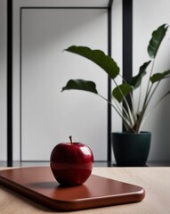 Red Apple Resting on a Wooden Board in a Modern Indoor Setting With Greenery in the Background.