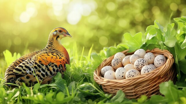 Beautiful female golden pheasant guarding eggs in wicker basket on grass
