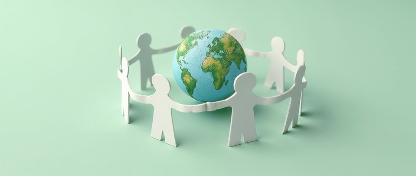 Paper cut-out figures encircle a small globe, representing global unity, teamwork, and community. The image symbolizes collaboration, connection, and togetherness on a worldwide scale with a focus on 