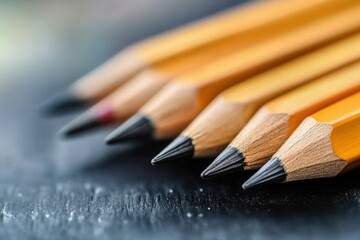 Obraz premium Collection of sharpened pencils arranged in a single line on a dark surface