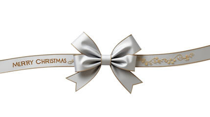 silver ribbon bow with golden  border and Merry Christmas inscription on transparent background, mockup of festive bow for decoration