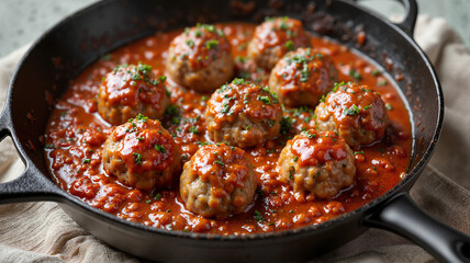 Fototapeta premium Paleo meatballs in marinara sauce served in a skillet