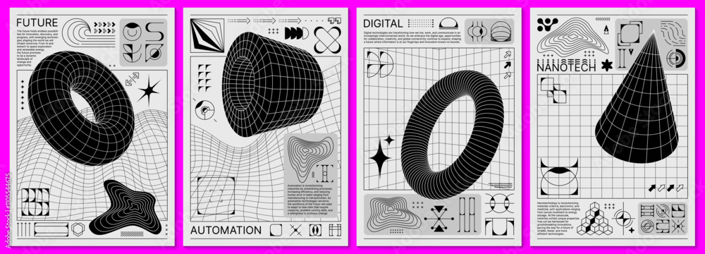 Aufkleber Brutalism posters with retro grid and y2k shapes. Vector graphic pattern with abstract wireframe geometric figures of 3d cone, torus, cylinder shapes and aesthetic symbols, modern brutalist posters