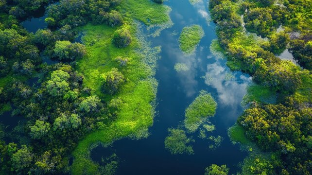 Aerial restoration of wetlands nature-based climate solutions lush landscape vibrant ecosystem scenic viewpoint