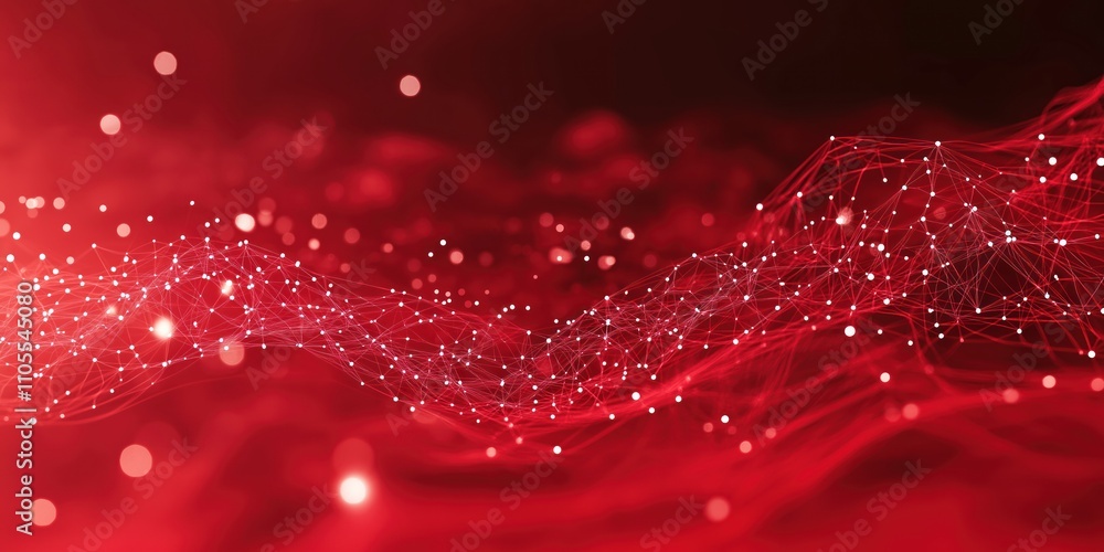 Poster abstract red background shows network mesh with particle connections. wavy design creates dynamic vi