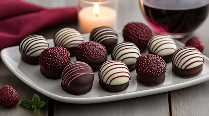A delicious assortment of gourmet chocolate truffles on a plate, complemented by a glass of red wine and a lit candle, creating a cozy atmosphere.