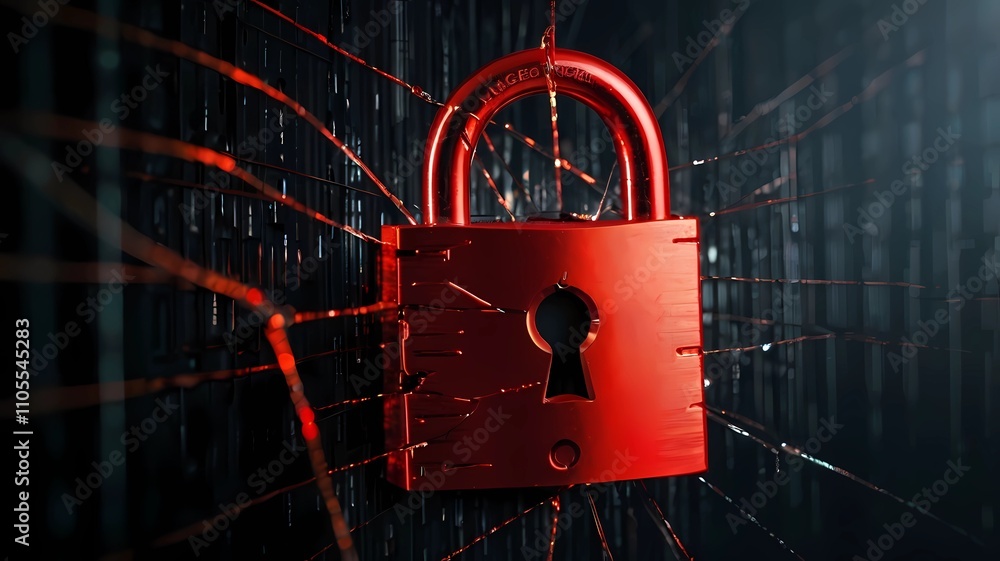 Aufkleber hacker attack. security breach, system hacked, internet cyber attack alert with red broken padlock, 