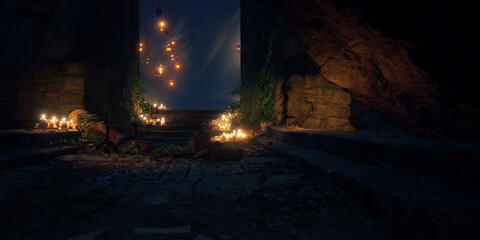 Obraz premium Ancient ruin of roman cave with vegetation and illuminated lanterns with smoke. 3D render.